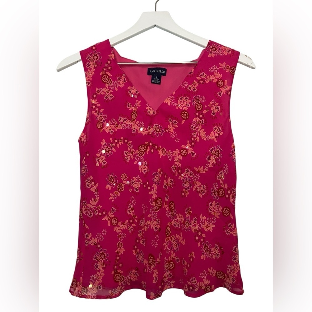 Vintage Y2K Silk Tank Top 8 Ann Taylor Floral Sequin Feminine Fairy Pink